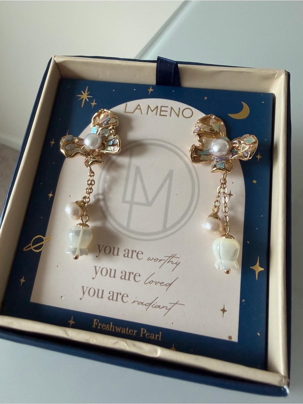 Gold butterfly Floral freshwater Pearl Drop Earrings